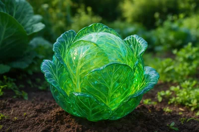 Glass Cabbage Sculpture Sitting In A Garden