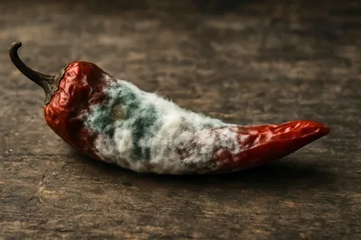 Single Moldy Red Chili Pepper On Wooden Surface