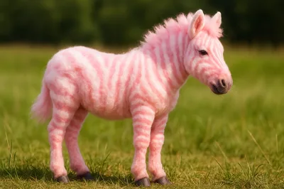 Cute Pink Zebra Toy Standing In A Green Field