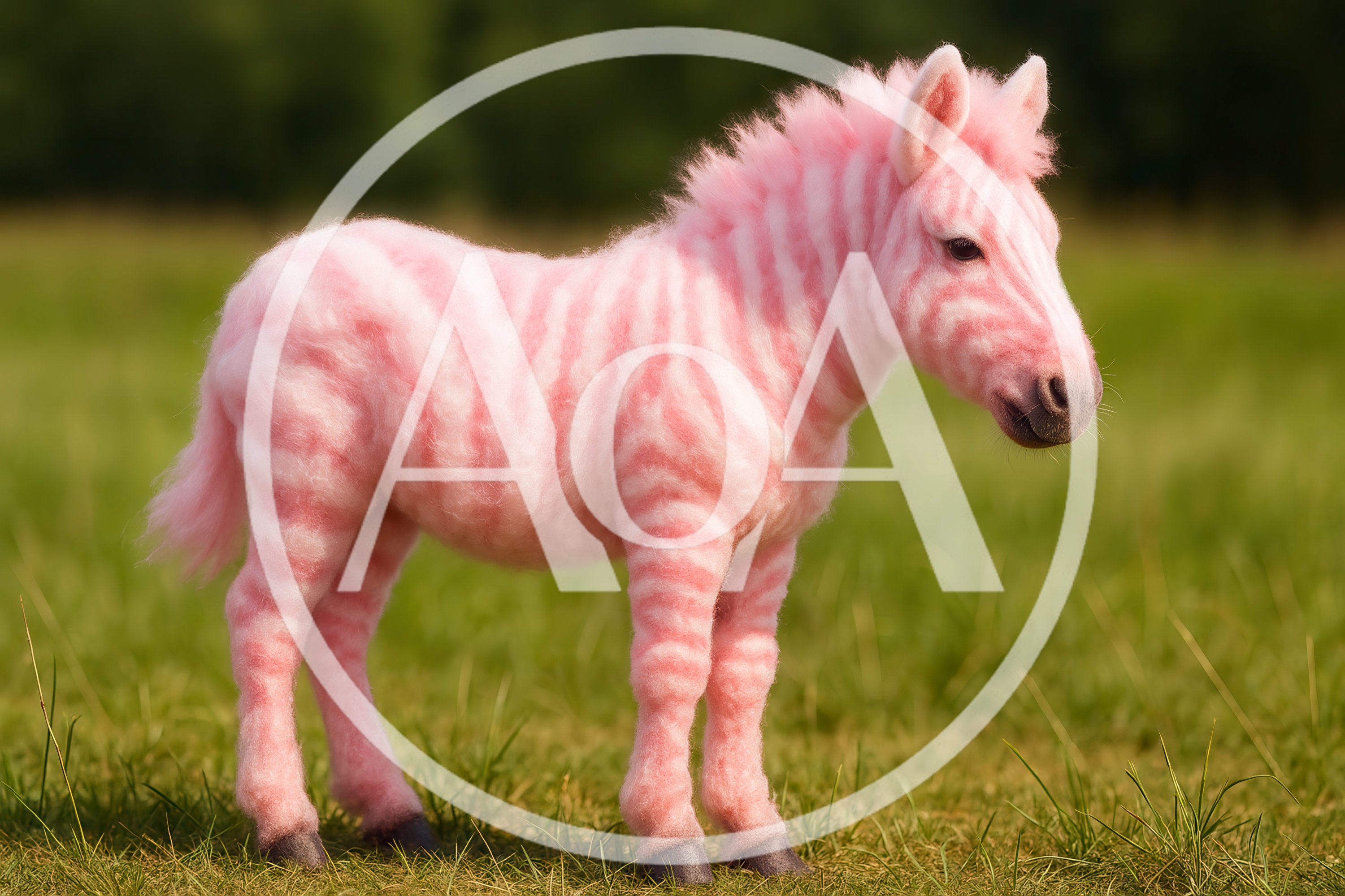 Cute Pink Zebra Toy Standing In A Green Field