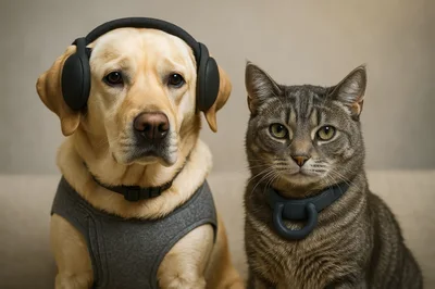 Labrador Dog And Tabby Cat Wearing Tech Accessories