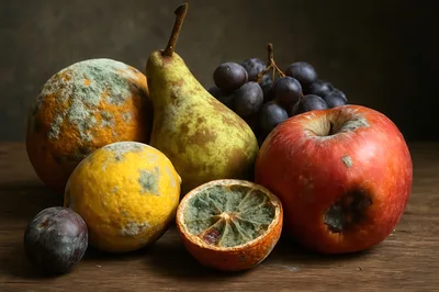 Still Life Composition Of Decaying Moldy Fruit