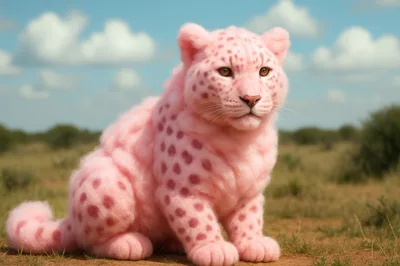 Fluffy Pink Leopard Sitting In The African Savanna