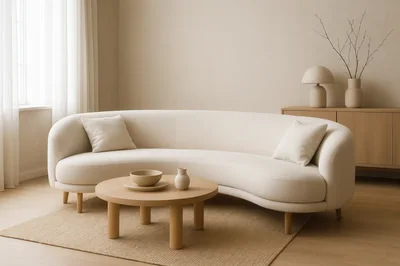 Minimalist Living Room With Curved Sofa And Wooden Furniture