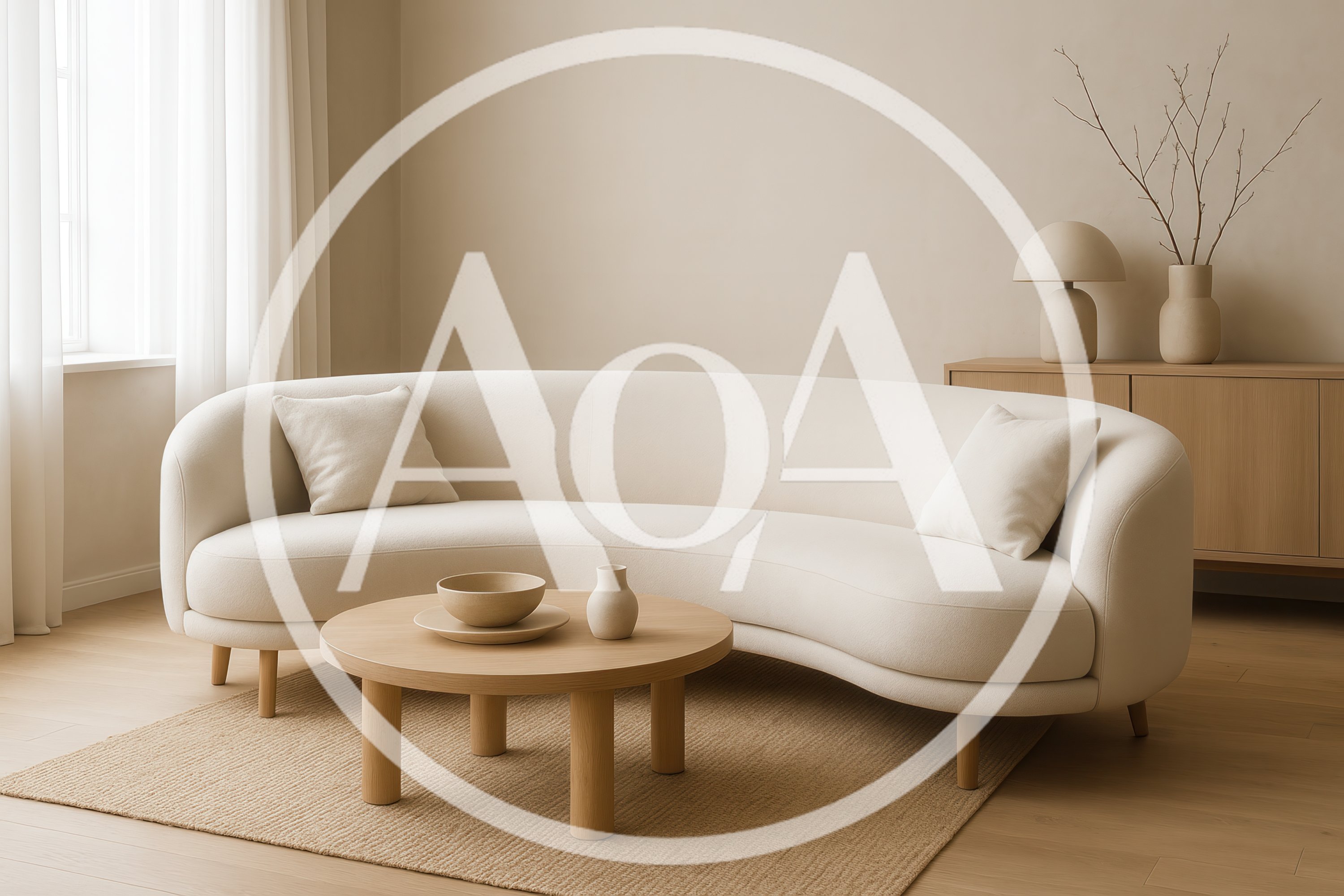 Minimalist Living Room With Curved Sofa And Wooden Furniture