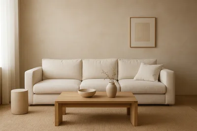 Minimalist Living Room With Beige Sofa And Coffee Table
