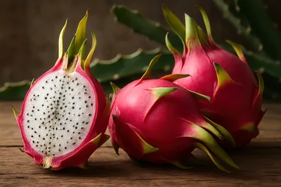 Fresh Dragon Fruit Halves On A Wooden Table