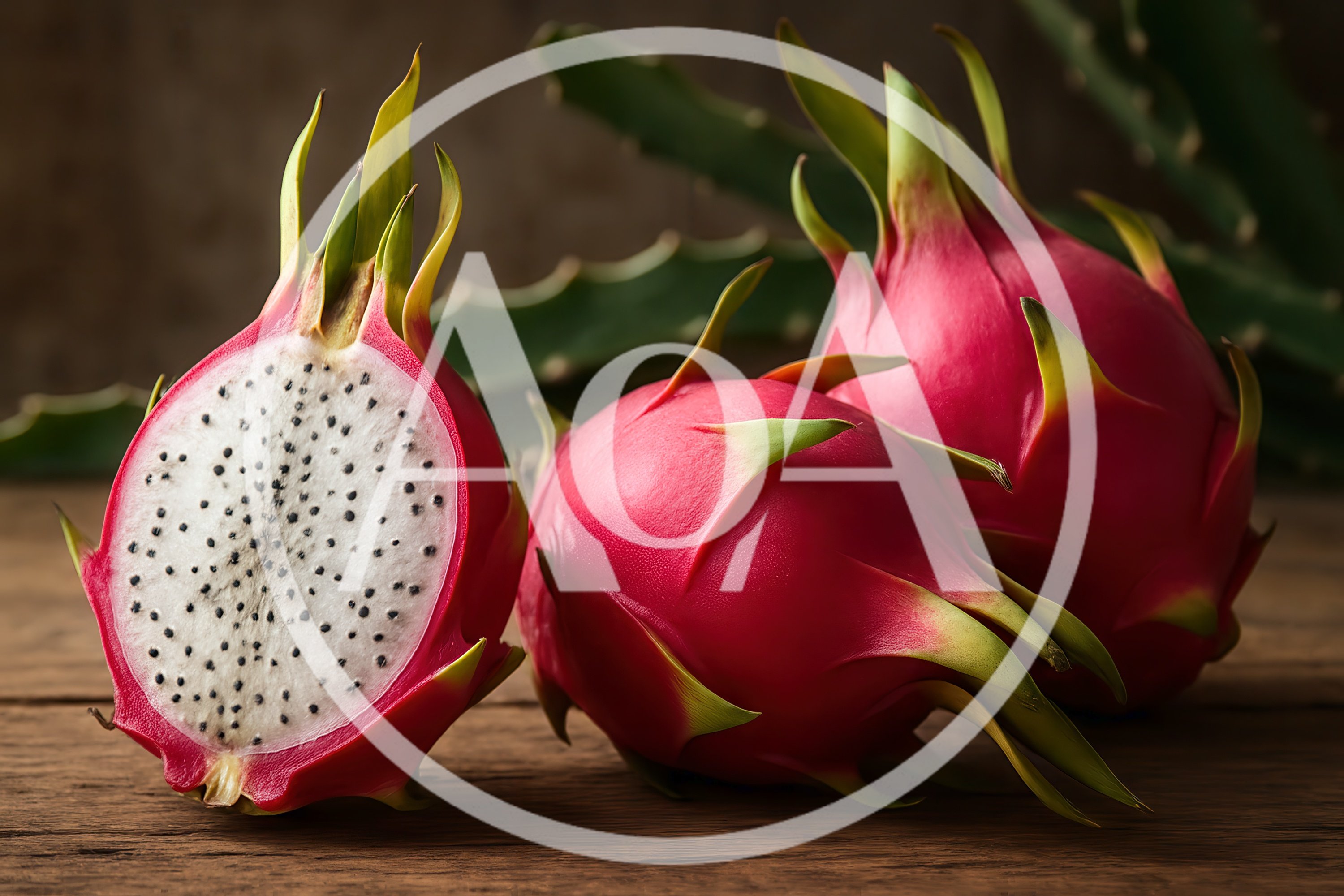 Fresh Dragon Fruit Halves On A Wooden Table