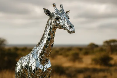 Mirrored Geometric Giraffe Sculpture in African Savanna