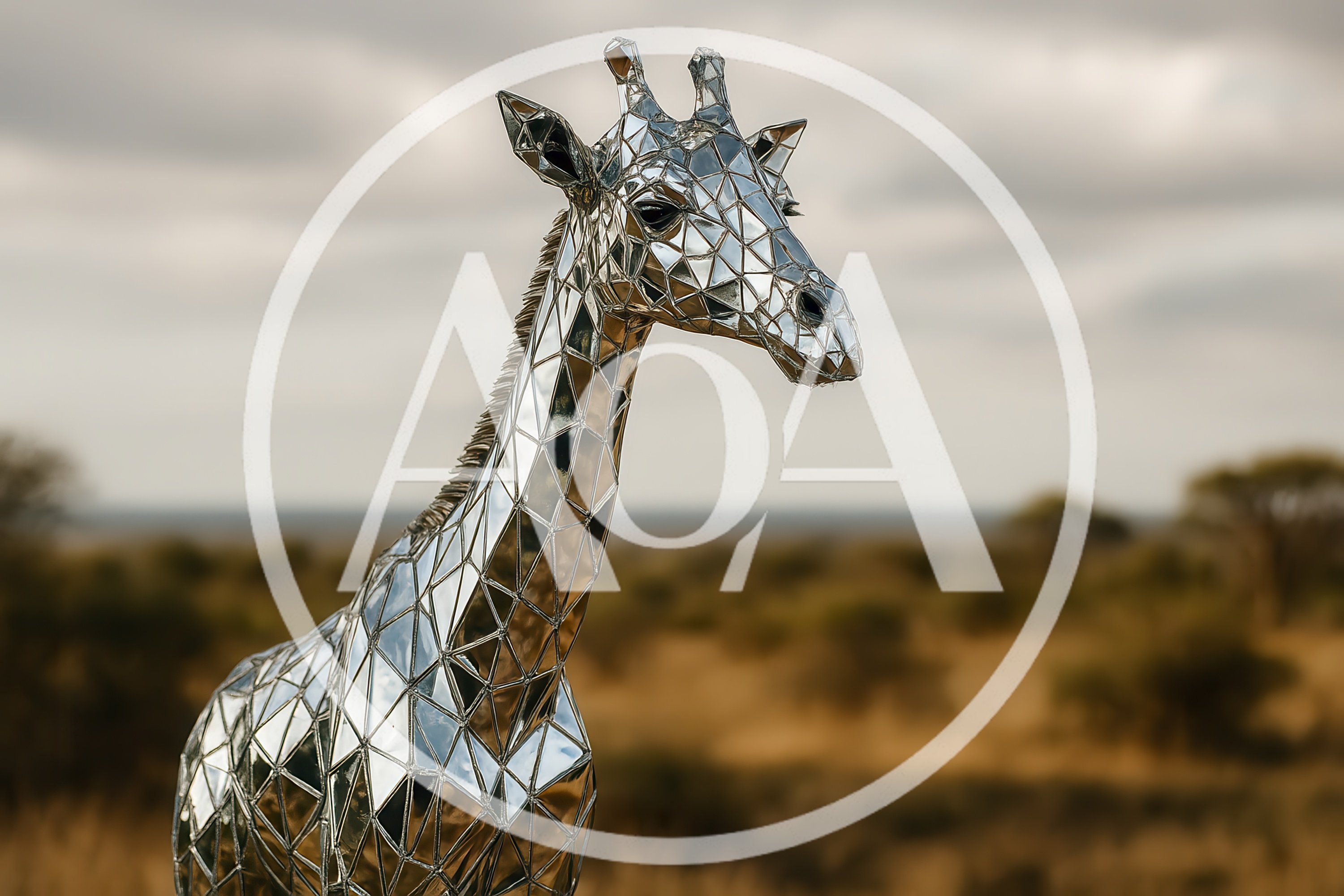 Mirrored Geometric Giraffe Sculpture in African Savanna
