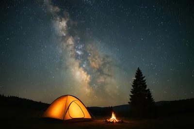 Camping Tent and Campfire Under Milky Way Galaxy