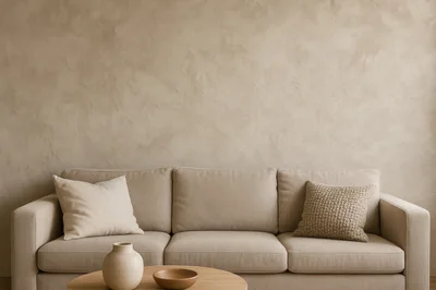 Minimalist Living Room With Beige Sofa And Textured Wall