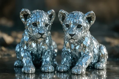 Two Mirrored Mosaic Lion Cub Sculptures