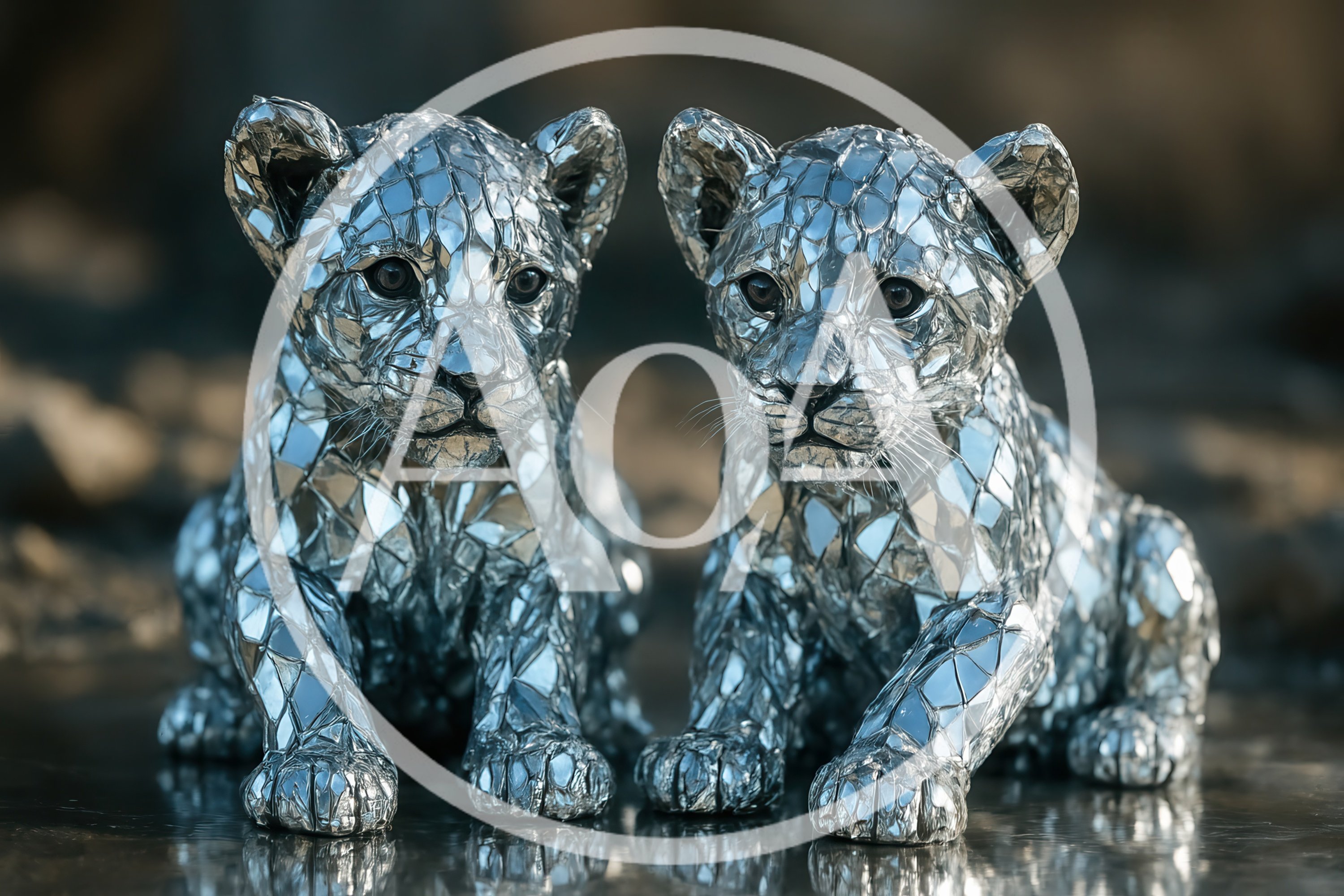 Two Mirrored Mosaic Lion Cub Sculptures