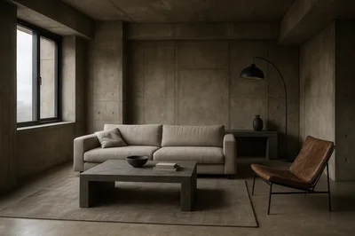 Minimalist Living Room With Concrete Walls And Furniture