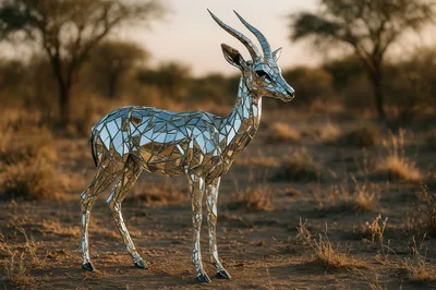 Mirrored Gazelle Sculpture Standing In African Savanna