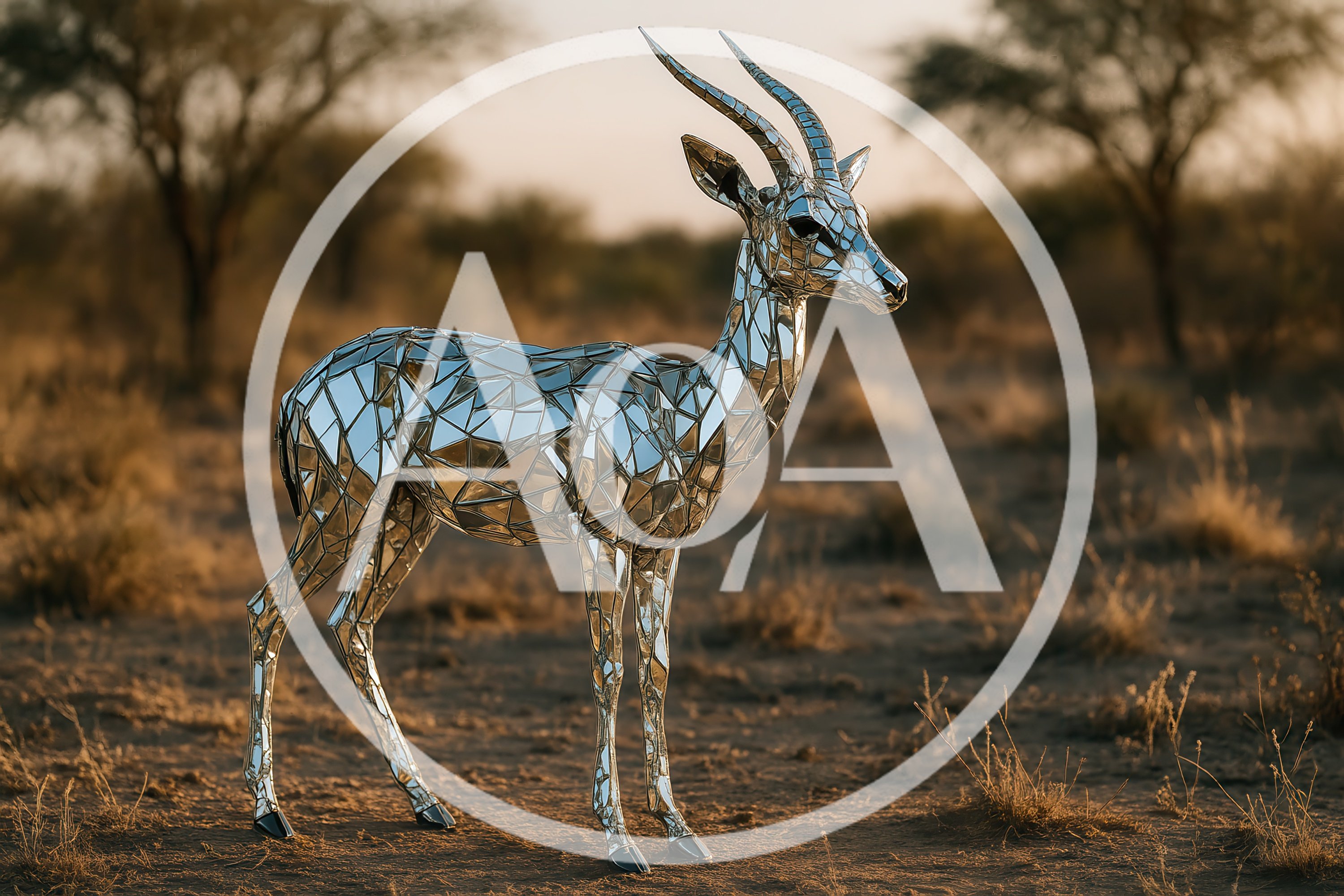 Mirrored Gazelle Sculpture Standing In African Savanna