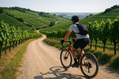 Cyclist Riding Gravel Bike Through Sunny Vineyard Landscape