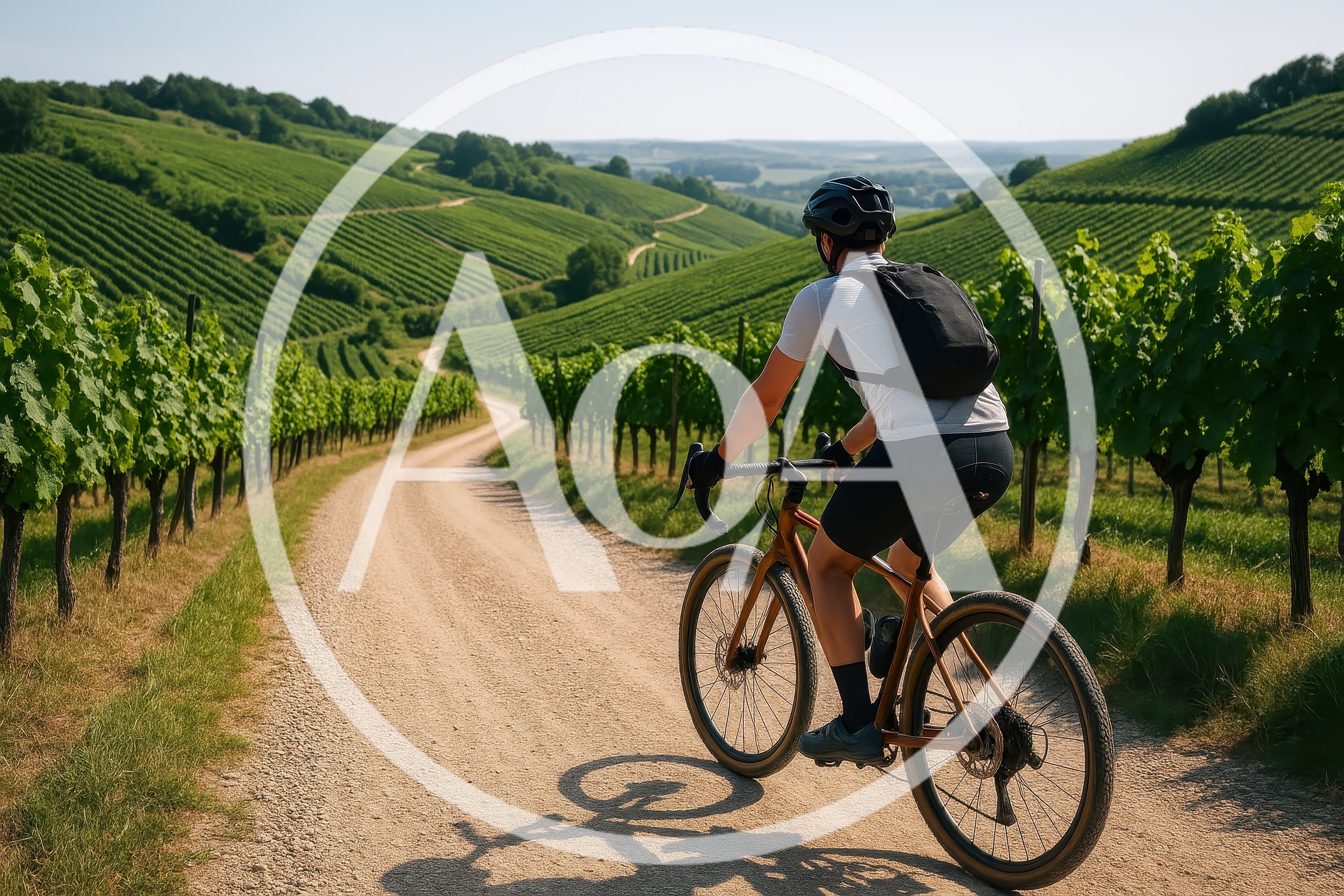 Cyclist Riding Gravel Bike Through Sunny Vineyard Landscape