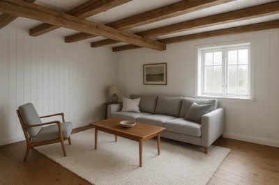 Minimalist Living Room With Wooden Beams And Sofa