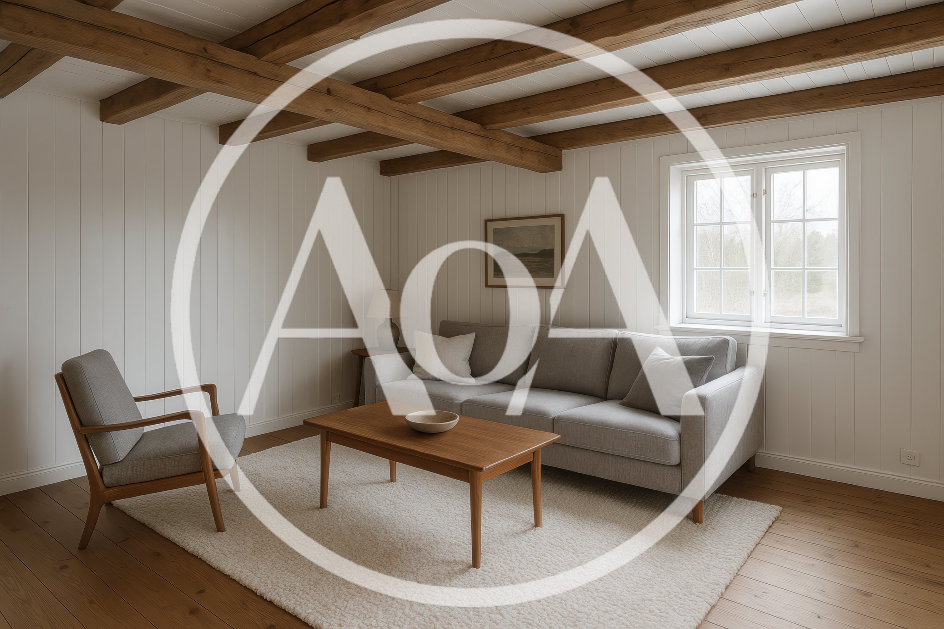 Minimalist Living Room With Wooden Beams And Sofa
