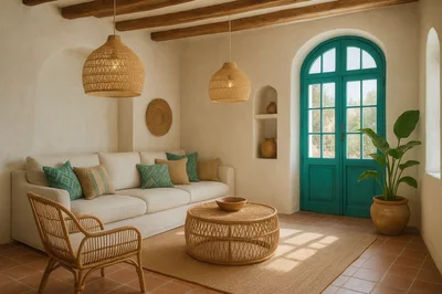 Mediterranean Living Room With Teal Arched Door