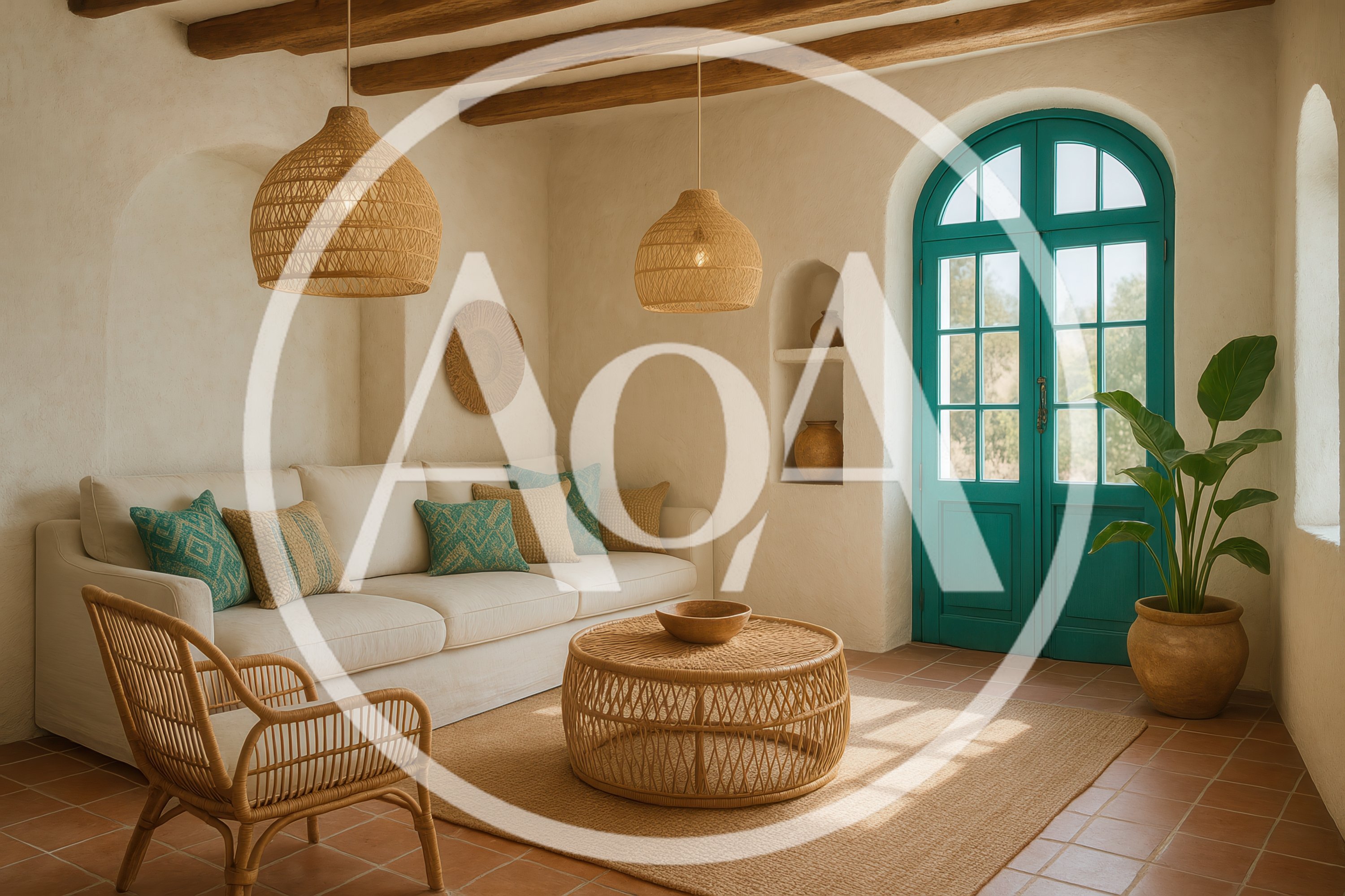 Mediterranean Living Room With Teal Arched Door