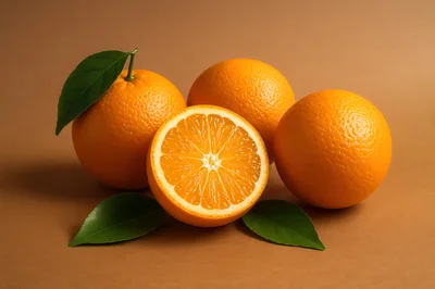 Fresh Whole And Sliced Oranges With Green Leaves