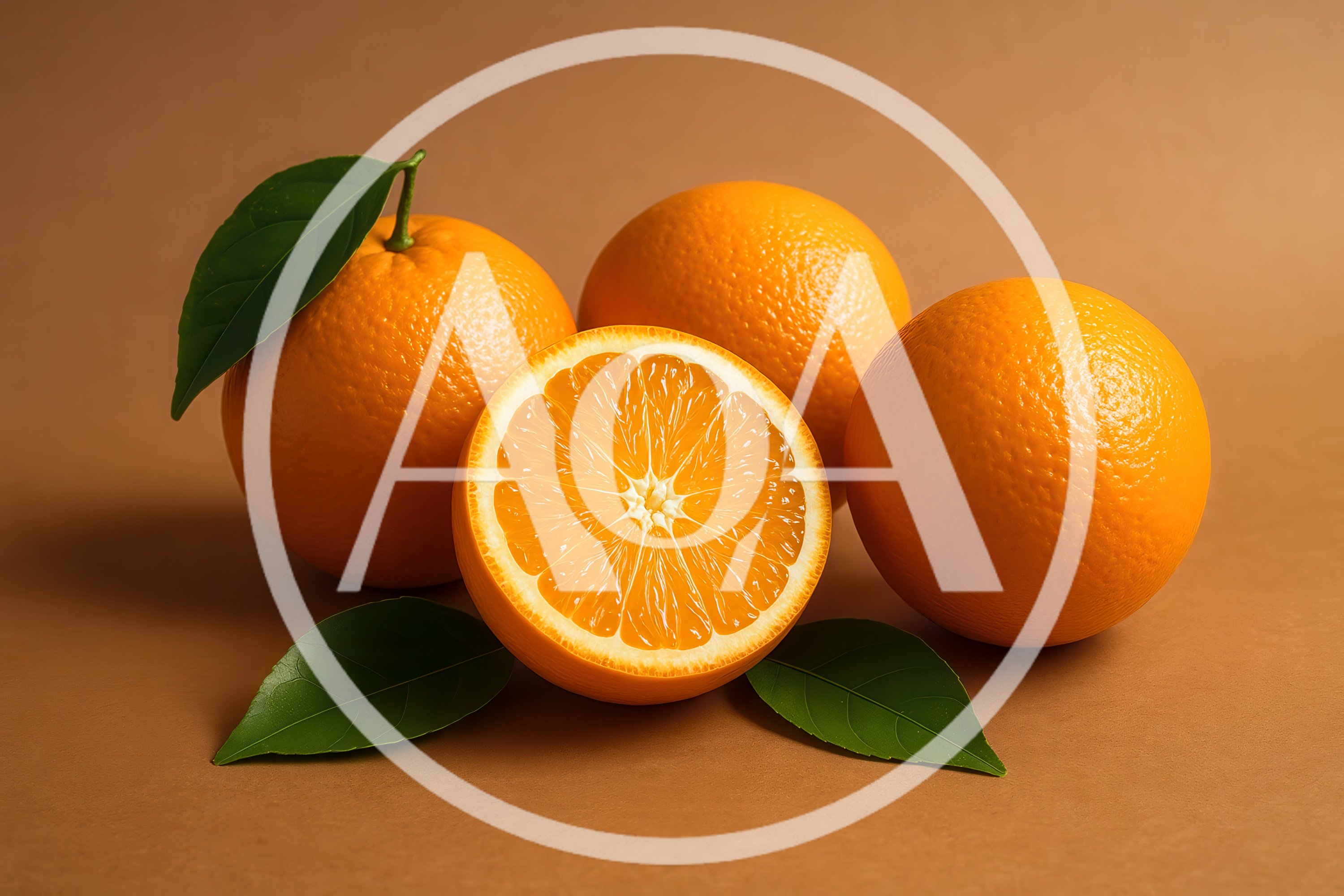 Fresh Whole And Sliced Oranges With Green Leaves