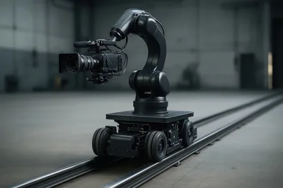 Robotic Camera Arm Mounted On Industrial Rail Dolly