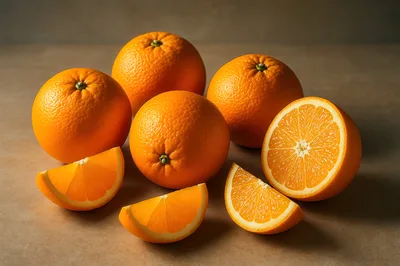 Fresh Whole And Sliced Oranges On A Neutral Background
