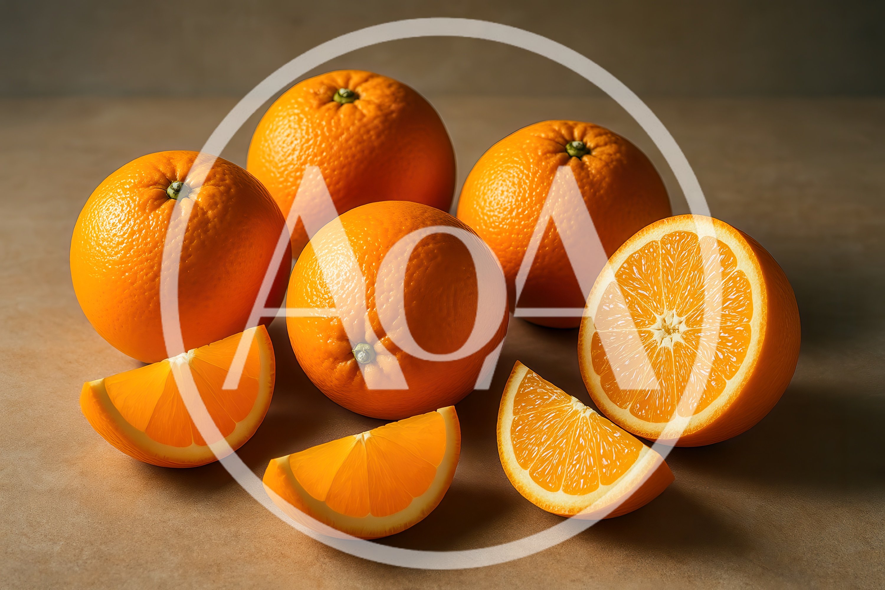 Fresh Whole And Sliced Oranges On A Neutral Background