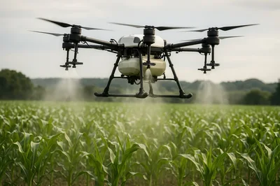 Agricultural Drone Spraying Pesticides Over Corn Field