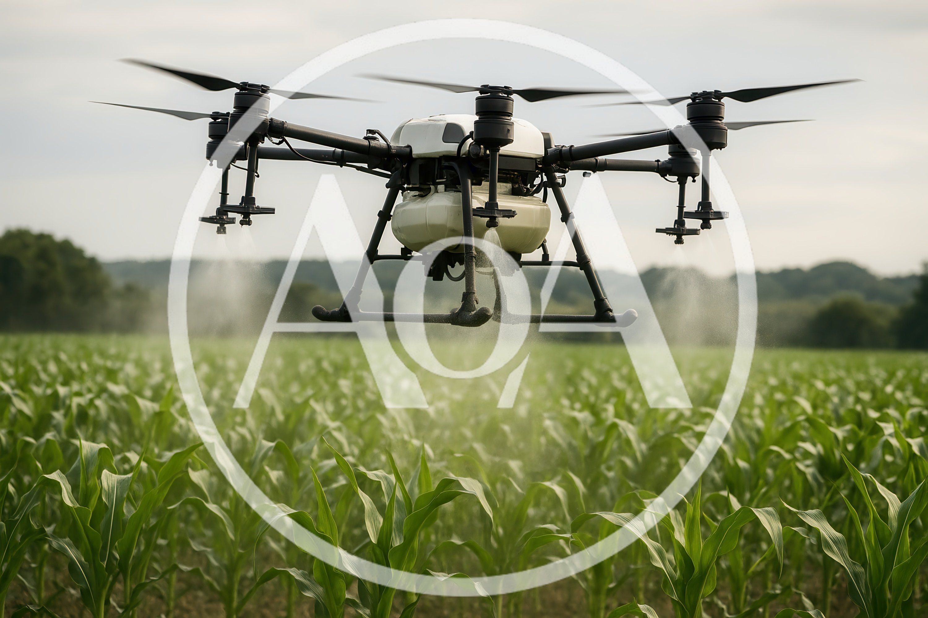 Agricultural Drone Spraying Pesticides Over Corn Field
