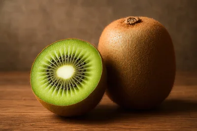 Fresh Kiwi Fruit Halved On A Wooden Surface