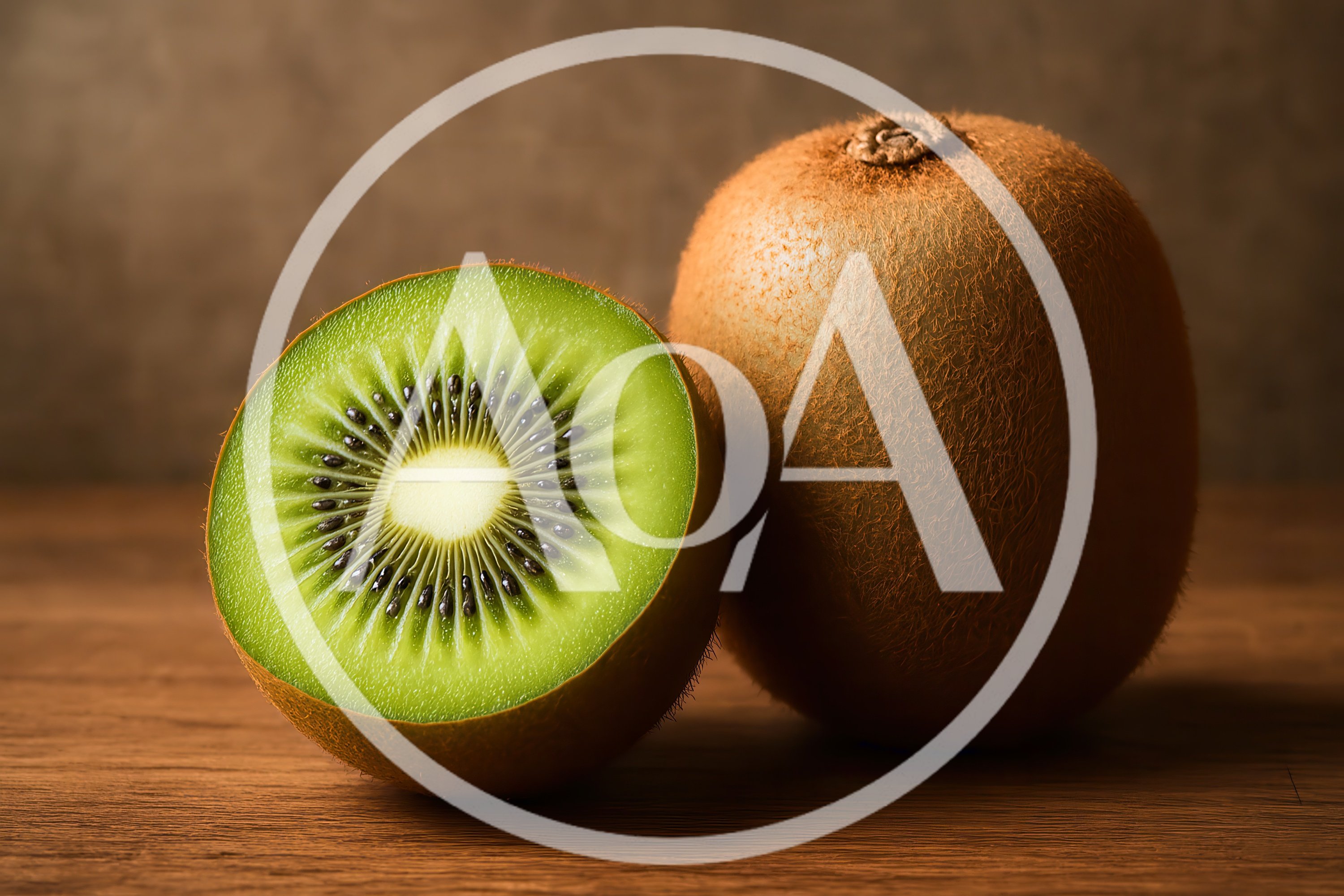 Fresh Kiwi Fruit Halved On A Wooden Surface