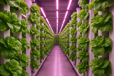 Vertical Farming Facility With Rows Of Lettuce