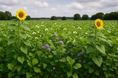 Two Sunflowers Standing In A Lush Green Field