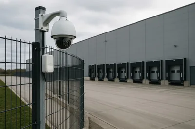 Security Camera Mounted On Fence At Industrial Warehouse