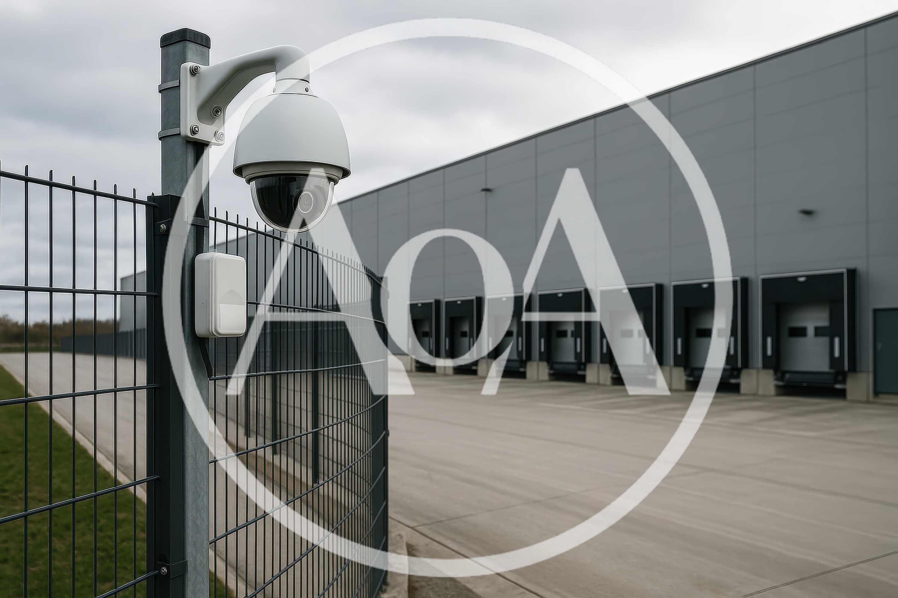 Security Camera Mounted On Fence At Industrial Warehouse