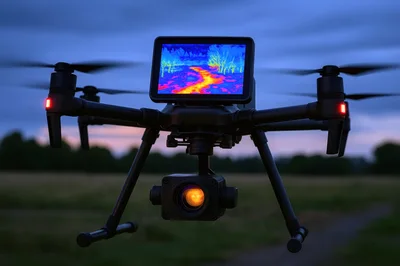 Industrial Drone With Thermal Imaging Camera In Flight