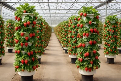 Vertical Strawberry Farming In A Modern Greenhouse