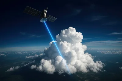 Satellite Emitting Laser Beam Toward Large Cumulus Cloud