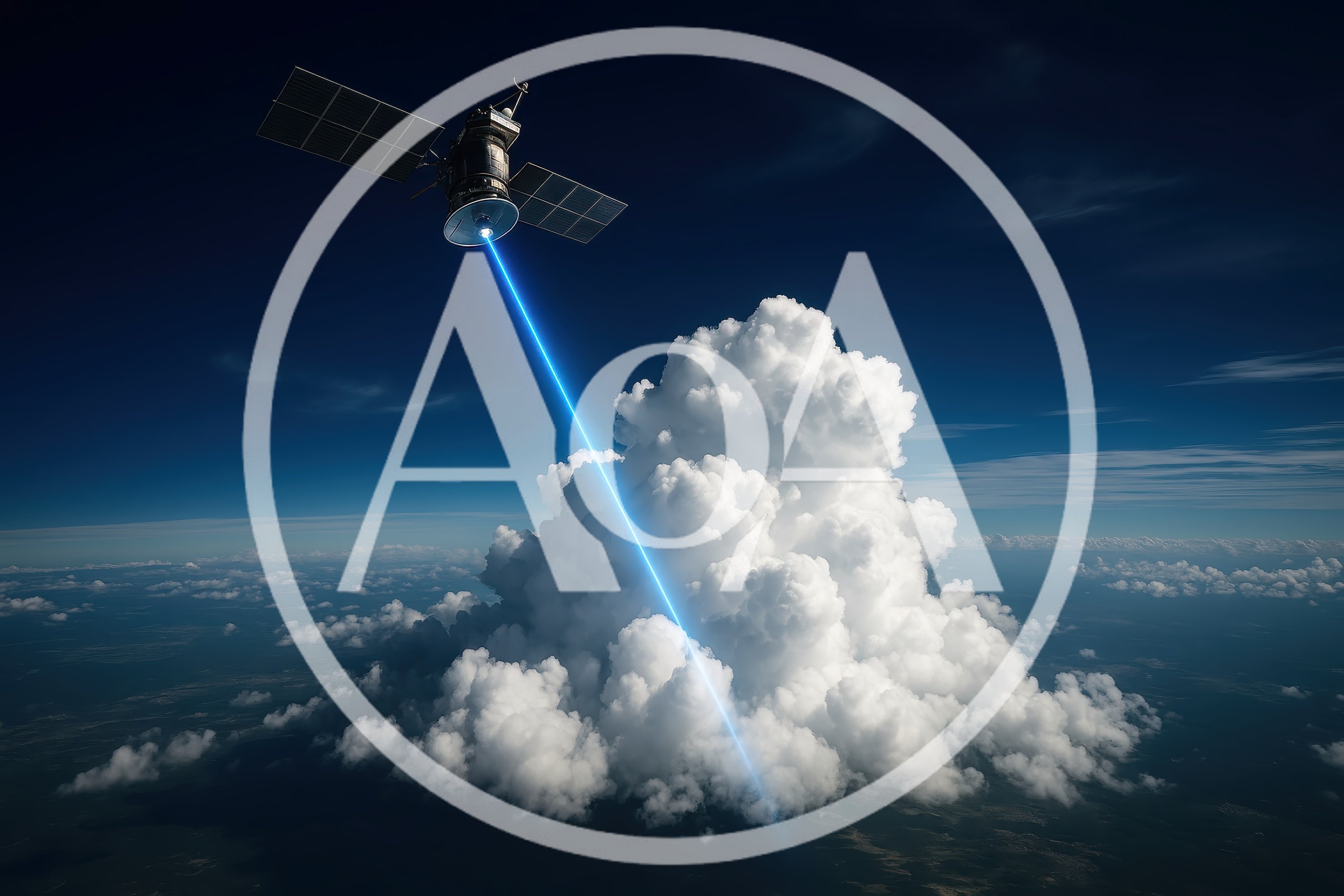 Satellite Emitting Laser Beam Toward Large Cumulus Cloud