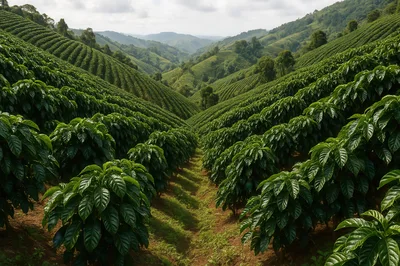 Lush Green Coffee Plantation On Rolling Hills