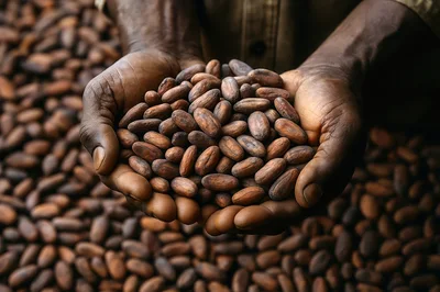 Farmer Holding Raw Cocoa Beans In Hands