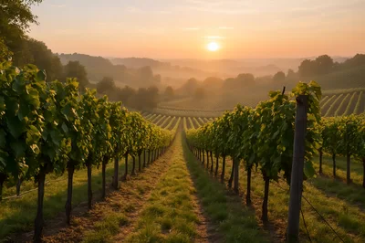Vineyard Rows At Sunrise In The French Countryside