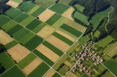 Aerial View Of Rural Farmland And Small Village