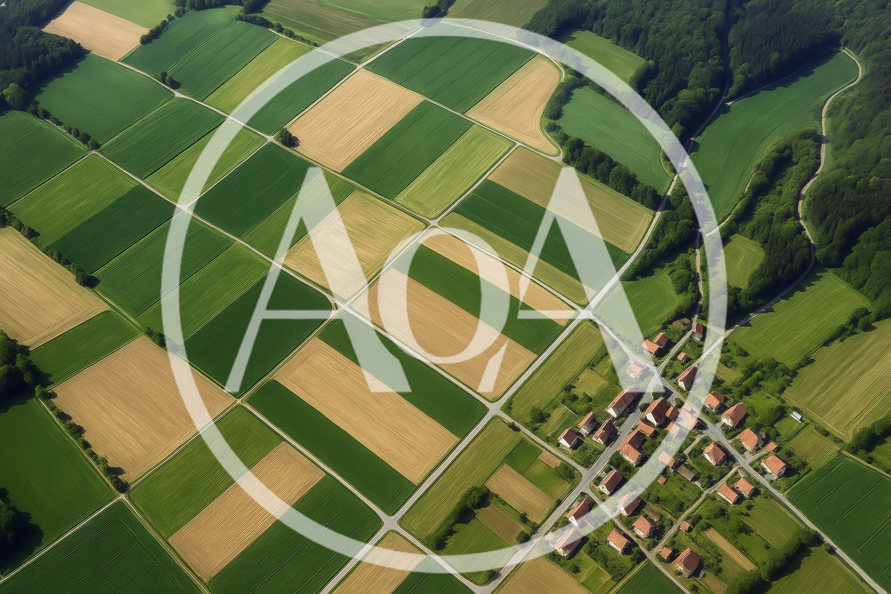 Aerial View Of Rural Farmland And Small Village
