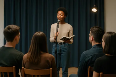 Young Woman Reading Poetry to Small Audience